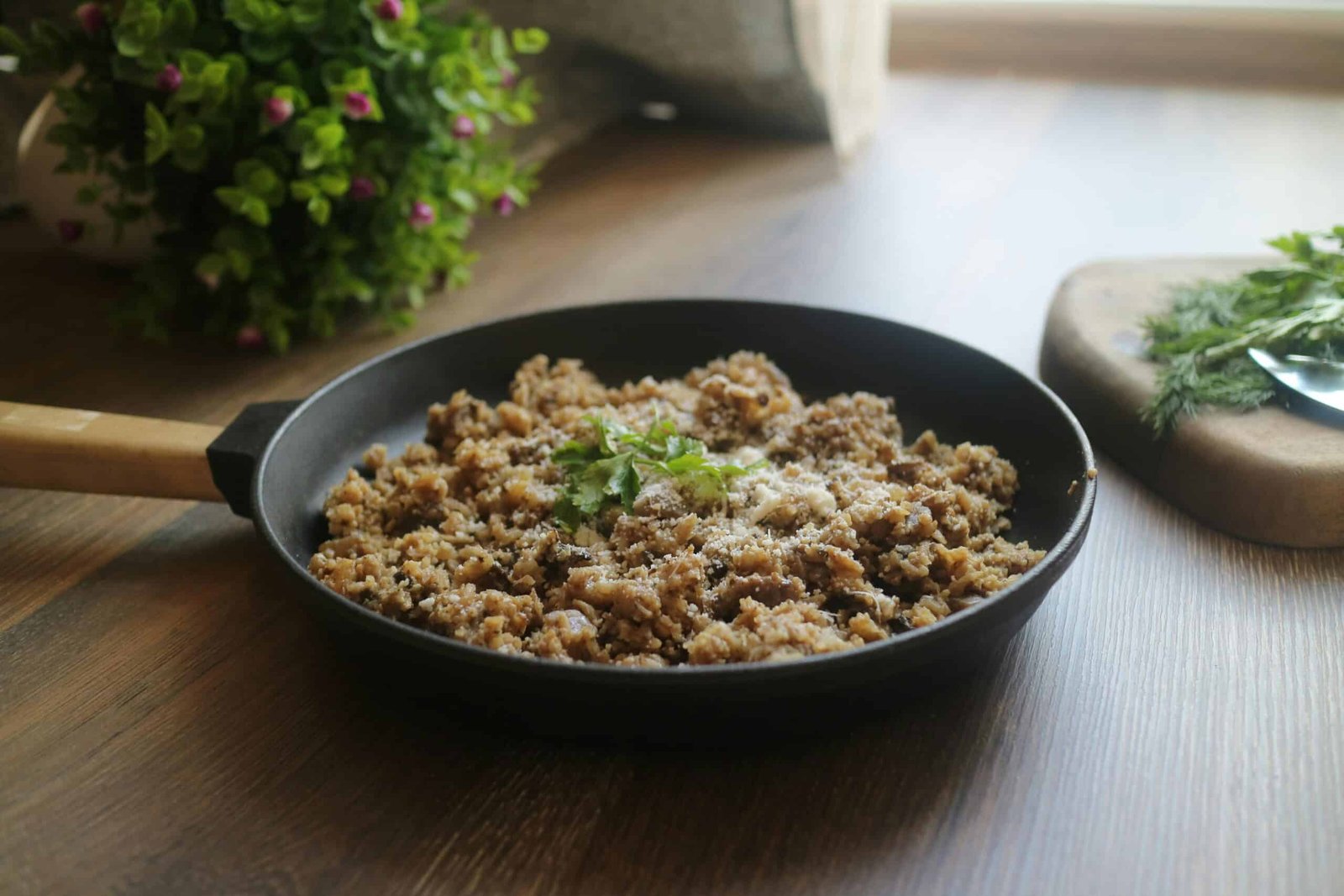 A skillet full of food
