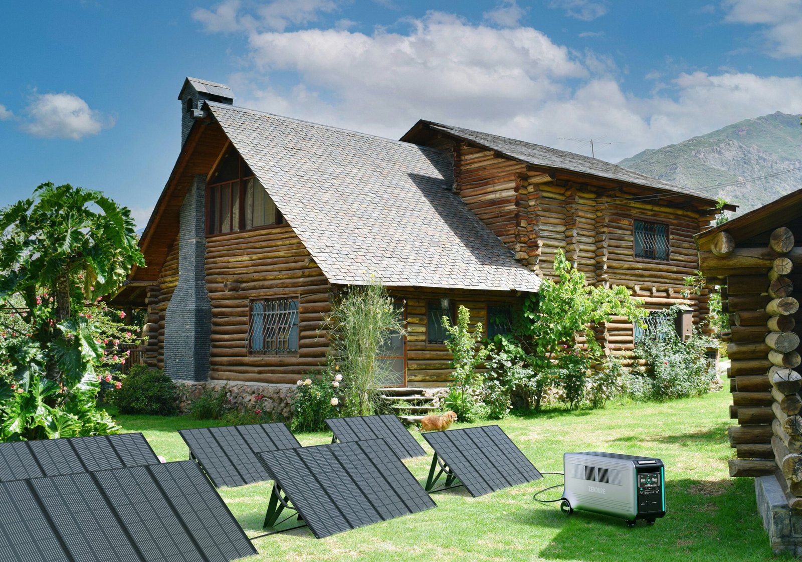 A cabin house with solar panels